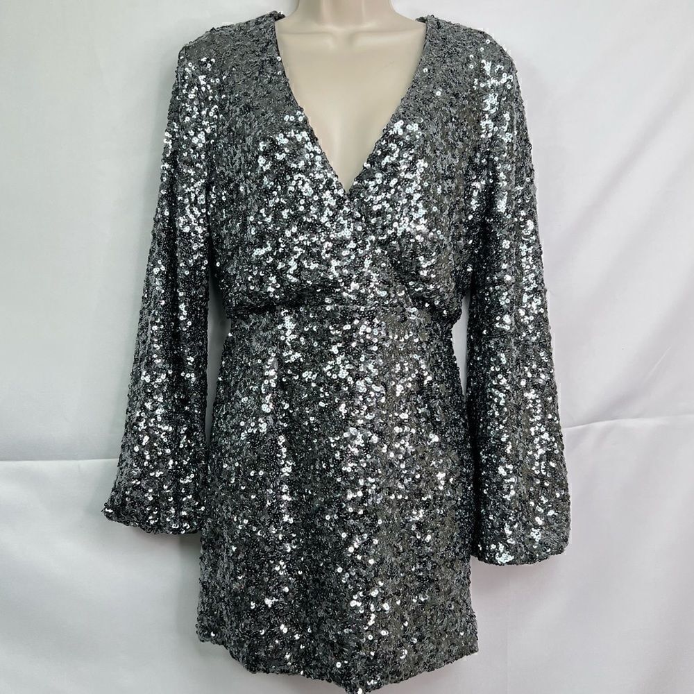 OPT Silver and Black Fully Sequined Wrap top long sleeve mini dress Brand New